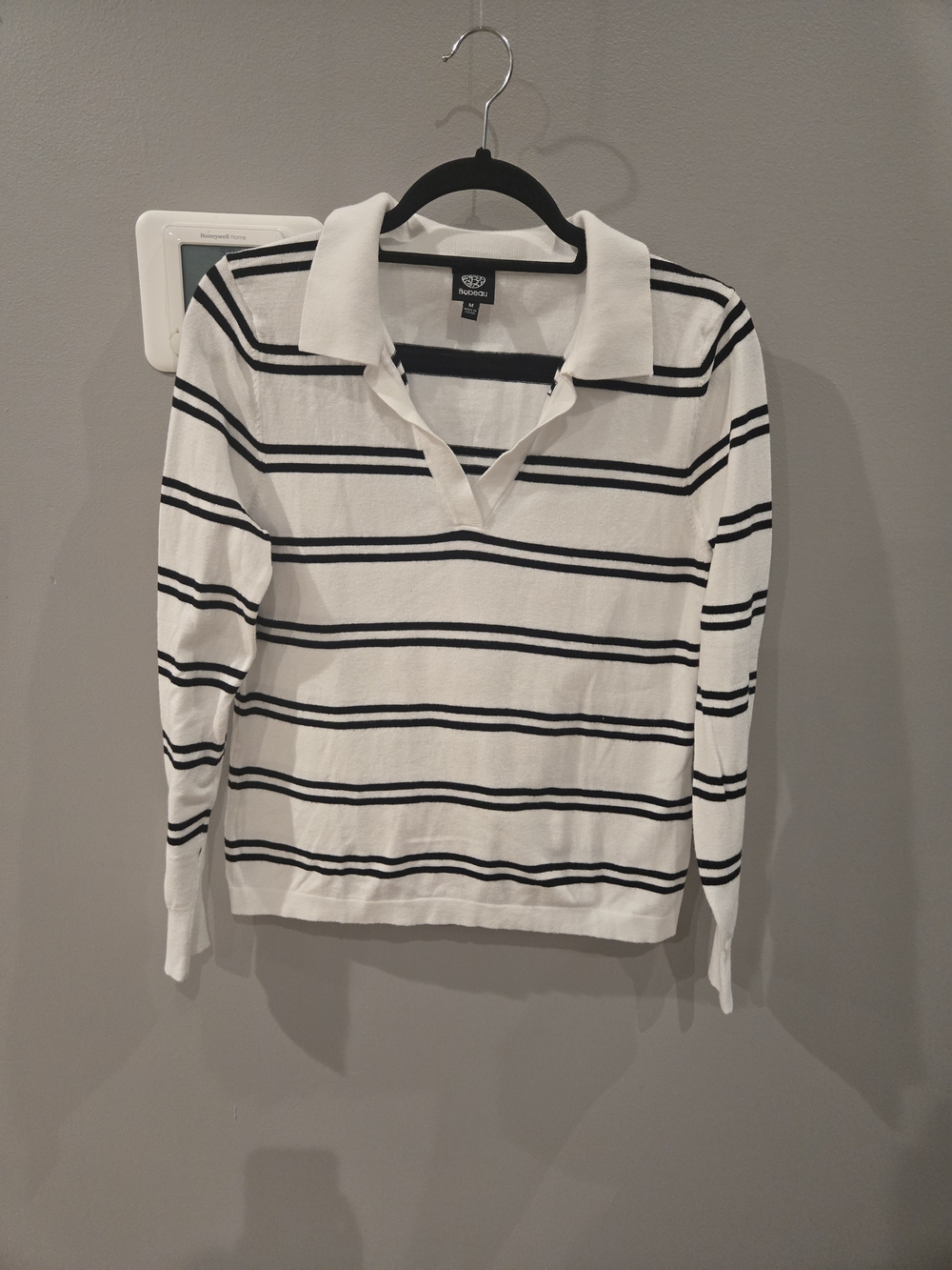 Bobeau Striped Open V-Neck Polo Knit Sweater White Black Women's Medium